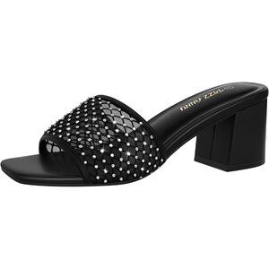 🆕Women Black Bling Square Open Toe Heels Sandals Low Block Chunky Heeled Sandal